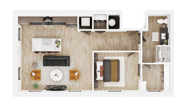 Contemporary floor plan showcasing an open-concept living area with kitchen island, cozy bedroom, and stylish bathroom.