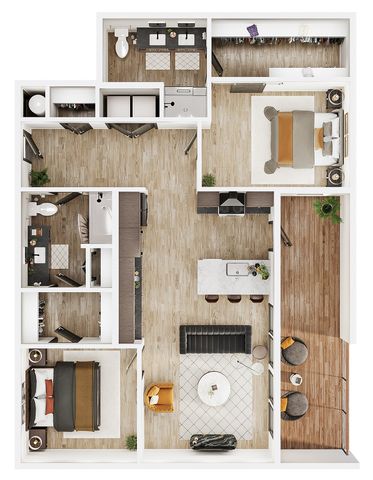 Contemporary floor plan with 2 bedrooms, open-concept living and dining area, modern kitchen, and a private balcony.