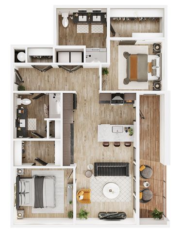 Modern floor plan featuring two spacious bedrooms, elegant open-concept kitchen and living area, luxurious bathrooms, and a cozy balcony.