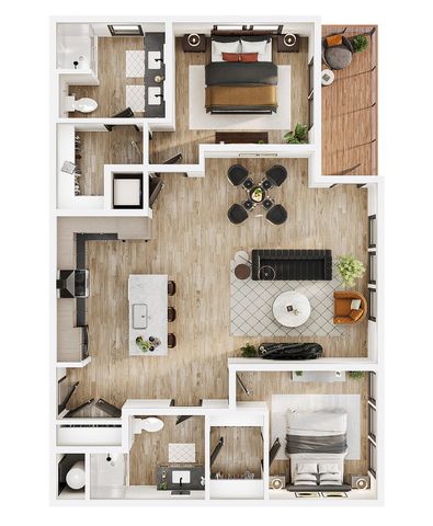Elegant floor plan featuring 2 spacious bedrooms, a modern open-concept kitchen, and a cozy living area with natural light.