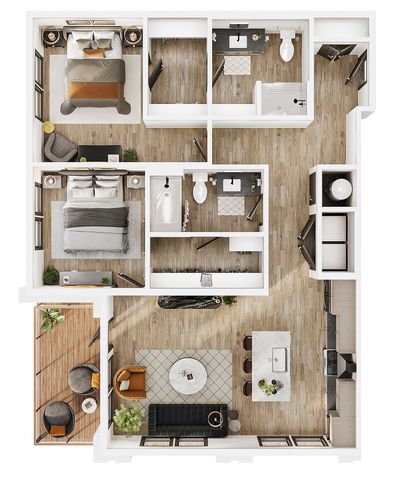 Elegant floor plan showcasing 2 spacious bedrooms, modern open-concept living room with balcony, and sleek kitchen design.