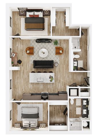 Contemporary floor plan showcasing 2 spacious bedrooms, elegant living room with stylish furnishings, modern kitchen with island, and dual bathrooms.