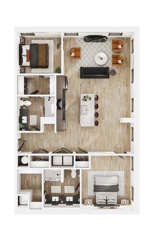 Modern floor plan showcasing 2 bedrooms, an expansive open-concept living and dining area, and a luxurious kitchen island.