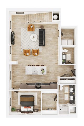 Modern open-concept floor plan featuring a spacious kitchen, elegant living area, and inviting bedroom.