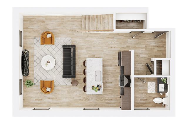 Modern floor plan featuring an open-concept living and dining area with chic furnishings, sleek island kitchen, and a cozy bathroom.