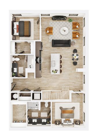 Chic floor plan showcasing two spacious bedrooms, modern open-concept living area, sleek kitchen with island, and elegant bathroom design.