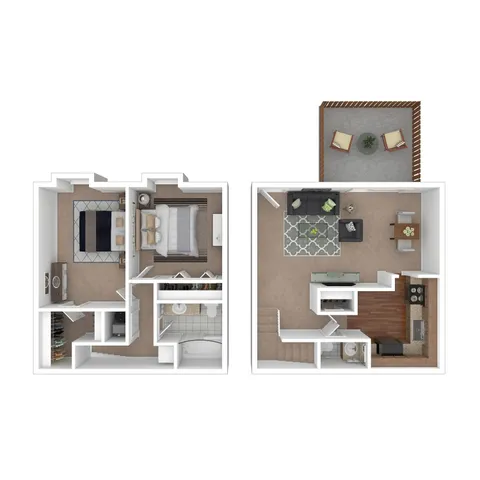 Elegant 3D floor plan showcasing two bedrooms, a cozy living room, modern kitchen, and a charming balcony.