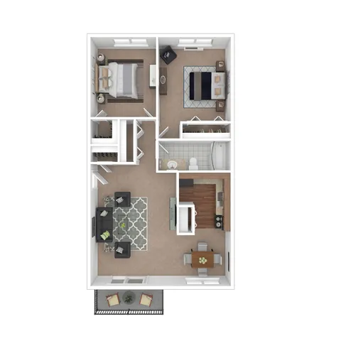 Contemporary 3D floor plan featuring 2 cozy bedrooms, a modern kitchen, inviting living area, and a charming balcony.