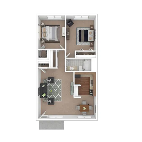 Chic 3D floor plan showcasing two spacious bedrooms, a cozy living area, modern kitchen, and a stylish bathroom.