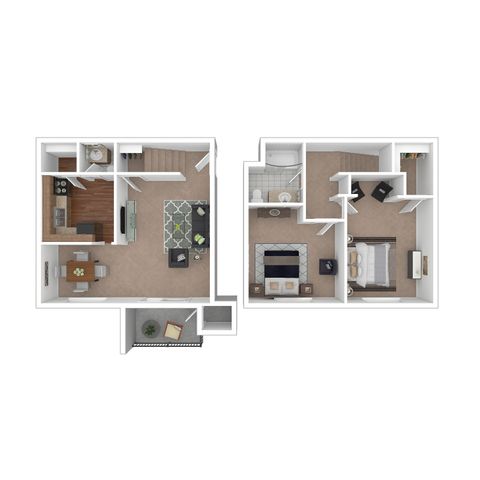 Chic 3D floor plan featuring a stylish living area, modern kitchen, cozy dining space, and two inviting bedrooms with bathroom.