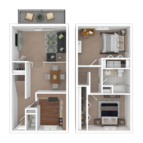 Modern floor plan layout featuring two-story design with inviting living room, dining area, sleek kitchen, two cozy bedrooms, and spacious bathroom, complemented by a charming outdoor balcony.