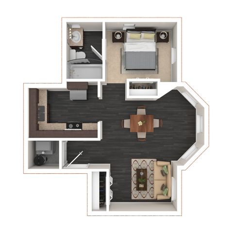 Chic studio apartment floor plan with elegant open layout, modern kitchen, cozy living area, and luxurious bathroom.