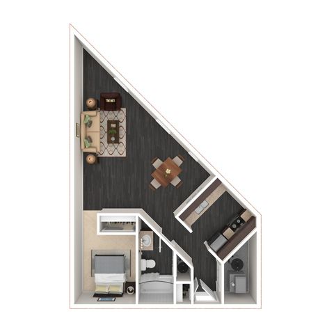 Modern triangular studio floor plan, with a sleek open-plan kitchen, stylish living area, and compact bathroom.