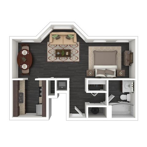 Modern 3D floor plan showcasing a studio with open living and dining area, a sleek kitchen, and a contemporary bathroom.