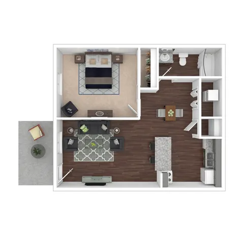 Modern floor plan showcasing a spacious one-bedroom apartment with open-concept living room and sleek kitchen, featuring dark wood floors and a private patio.