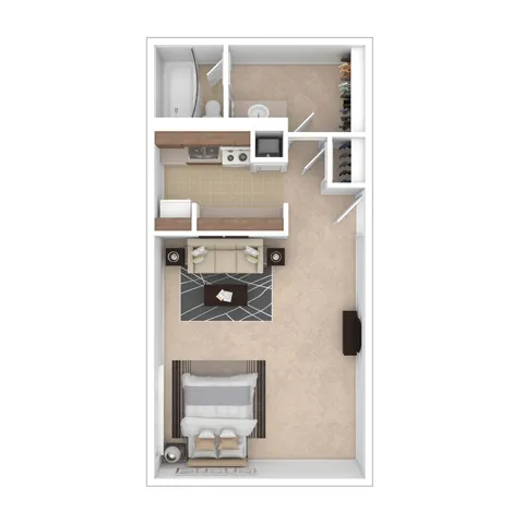 Contemporary 1-bedroom apartment floor plan featuring a cozy living area, modern kitchen, sleek bathroom, and spacious walk-in closet.