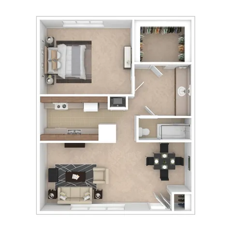 Modern floor plan featuring a spacious bedroom, walk-in closet, sleek kitchen, cozy living area, and elegant dining space.