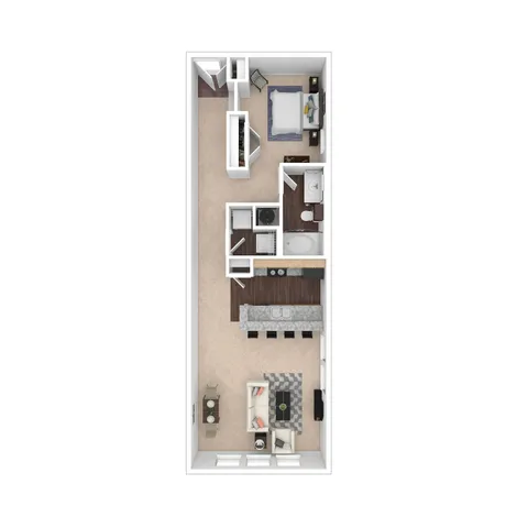 Modern one-bedroom apartment floor plan with open kitchen, cozy living area, stylish bathroom, and inviting bedroom layout.