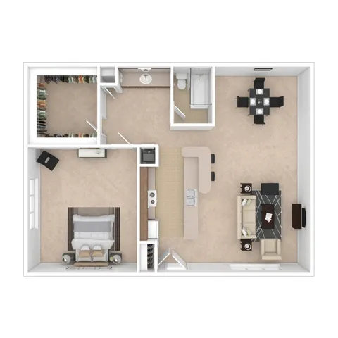 Modern floor plan showcasing 1-bedroom apartment with spacious walk-in closet, open-concept kitchen, cozy living room, and elegant dining area.
