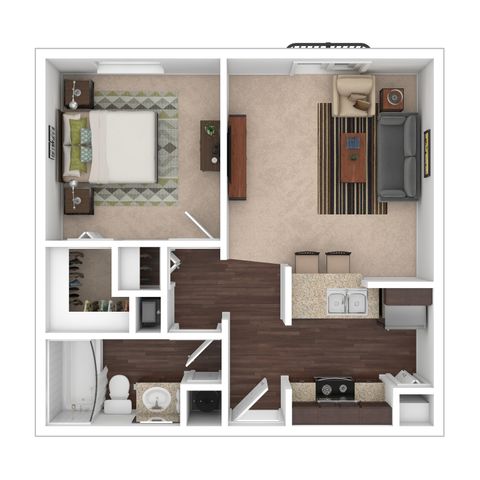 Modern 1-bedroom apartment floor plan showcasing a cozy living room, open kitchen with breakfast bar, and spacious bathroom.