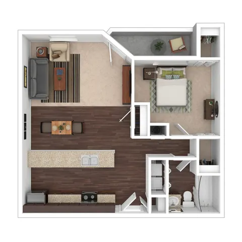 Elegant 1-bedroom apartment floor plan featuring an open-concept living area, modern kitchen with island, and cozy balcony space.