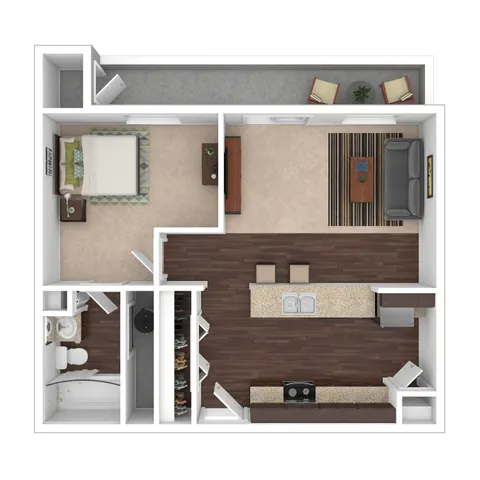 Modern 3D floor plan showcasing a spacious 1-bedroom apartment with an open kitchen, cozy living room, and stylish outdoor patio.