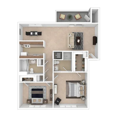 Modern 2D floor plan showcasing 2 bedrooms, 2 bathrooms, open living and dining area, and a private balcony with seating.