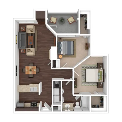 Chic floor plan with two spacious bedrooms, modern kitchen, inviting living area, elegant dining space, and cozy balcony.