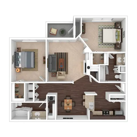 Sophisticated 3D floor plan with 2 spacious bedrooms, modern living area, and open kitchen layout.