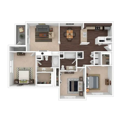 Modern floor plan showcasing 3 bedrooms, spacious living room, stylish kitchen, and two bathrooms with elegant design elements.