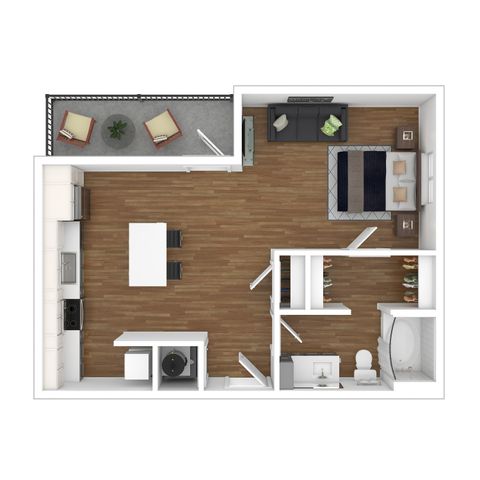 Modern floor plan showcasing an open-concept living and dining area, stylish kitchen, cozy bedroom, and inviting balcony.