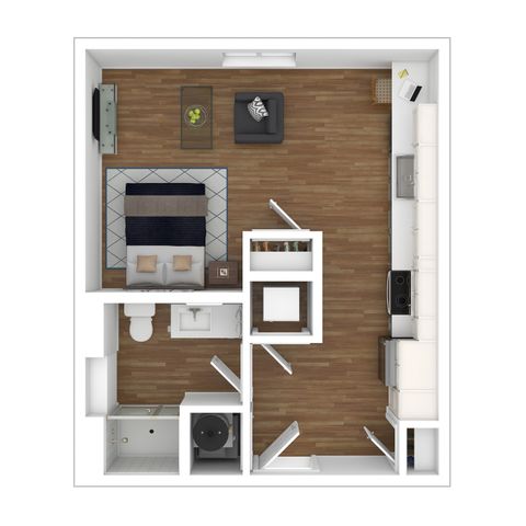 Modern studio apartment floor plan featuring an open-concept living area, sleek kitchen, and stylish bathroom with wood flooring.