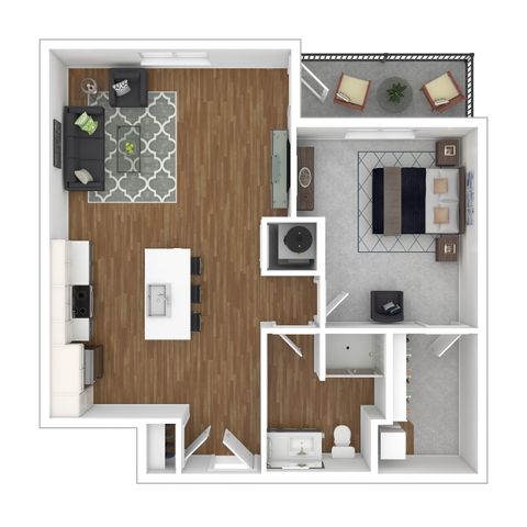 Modern floor plan featuring a cozy bedroom, open-concept living and dining area, chic kitchen with island, and a stylish balcony seating area.