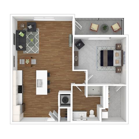 Elegant open-concept floor plan with a spacious living room, modern kitchen, cozy bedroom, and private balcony.