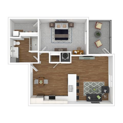 Modern floor plan showcasing a spacious one-bedroom apartment featuring an open-concept kitchen and living area, elegant bathroom, and private balcony.