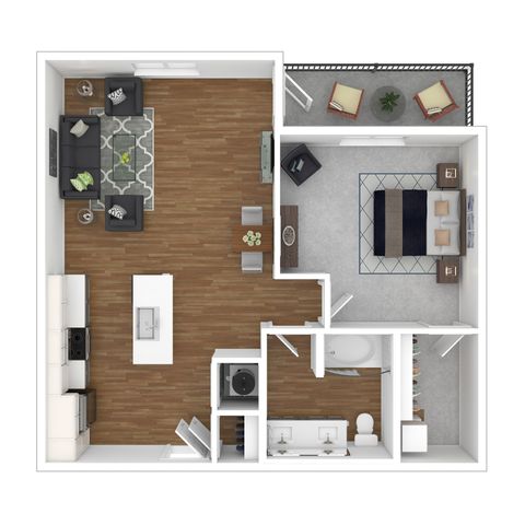 Chic floor plan showcasing a spacious one-bedroom apartment with open-concept kitchen and living area, modern bathroom, and a cozy balcony retreat.