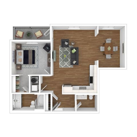 Modern 3D floor plan showcasing a cozy 1-bedroom apartment with open living area, elegant kitchen, and chic bathroom, complete with a private balcony.