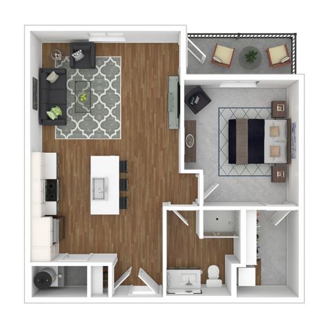 Modern 3D floor plan showcasing a spacious 1-bedroom apartment with open-concept living and dining area, stylish kitchen, and cozy balcony.