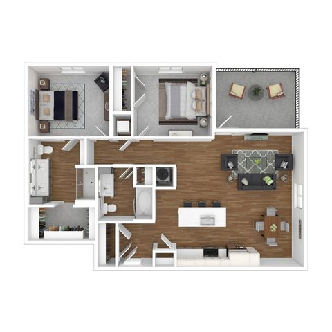 Modern open-concept floor plan featuring 2 luxurious bedrooms, sleek kitchen with island, spacious living area, and cozy balcony.