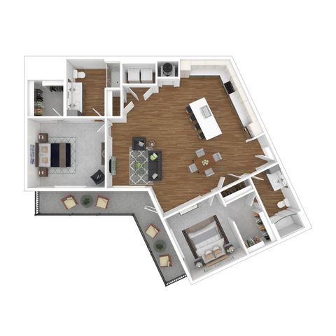 Elegant floor plan with two bedrooms, modern open-concept kitchen and living area, spacious bathrooms, and private balcony seating.
