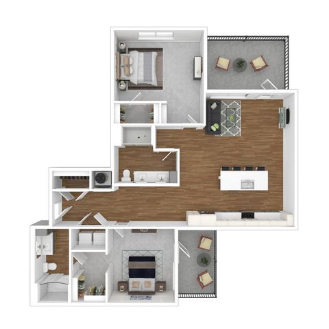Modern floor plan showcasing 2 spacious bedrooms, an open living area, stylish kitchen with island, and a cozy balcony.