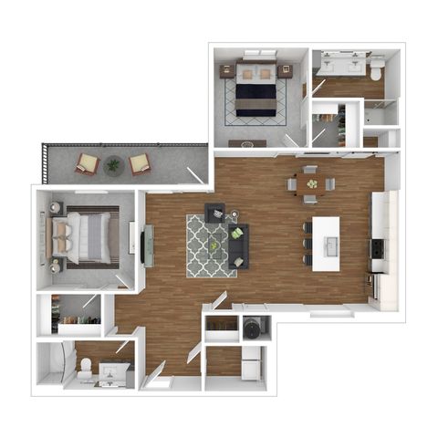 Elegant floor plan showcasing 2 spacious bedrooms, an open-concept living and dining area, modern kitchen, and inviting balcony space.