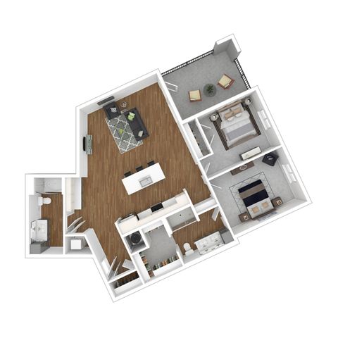 Modern floor plan showcasing 2 bedrooms, open living area, sleek kitchen, and cozy balcony.