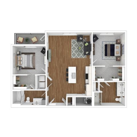 Modern 3D floor plan showcasing two stylish bedrooms, an expansive open-concept living area, and a sleek kitchen with an island.
