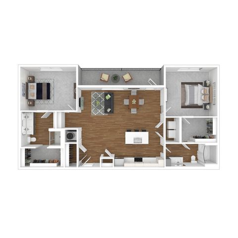 Modern 3D apartment floor plan showcasing 2 bedrooms, spacious living room with a balcony, and a stylish open kitchen.