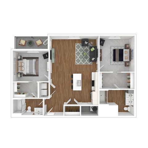 Elegant floor plan showcasing 2 bedrooms with en-suite baths, a spacious open-concept living area, modern kitchen, and cozy balcony.