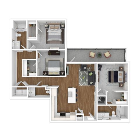 Spacious open-concept floor plan showcasing 3 bedrooms, large living area, modern kitchen, and private balcony.