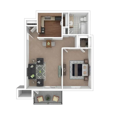 Modern floor plan featuring a spacious 1 bedroom, open-concept living area and kitchen, cozy dining space, elegant bathroom, and a private balcony.