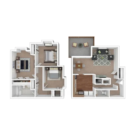 Elegant 3D floor plan with 3 bedrooms, open living and dining area, modern kitchen, and cozy balcony.