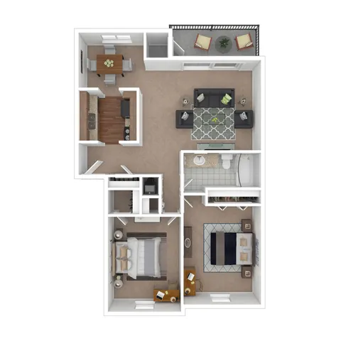 Chic 3D floor plan showcasing 2 bedrooms, inviting open-concept living and dining area, modern kitchen, and cozy balcony.